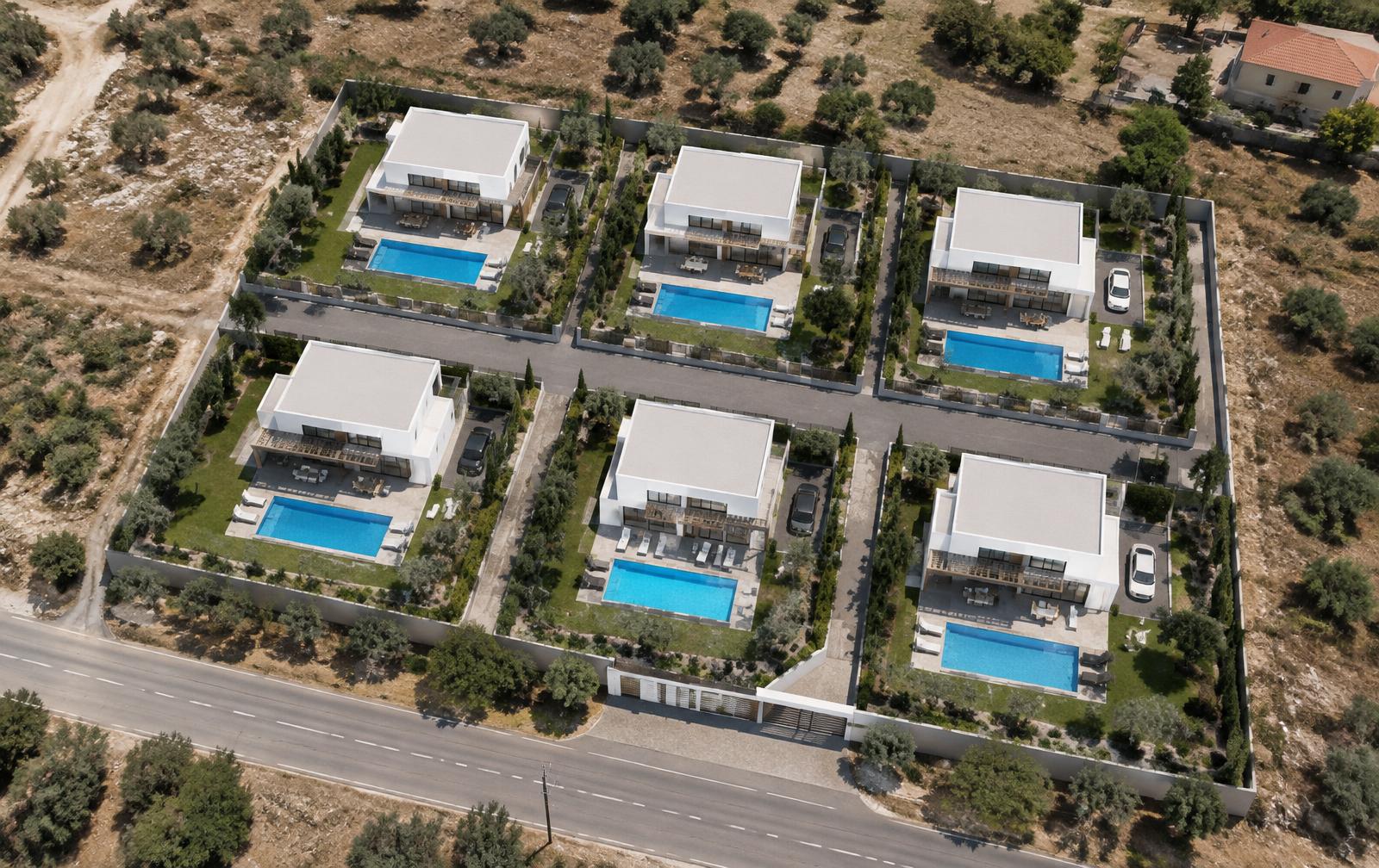 Aerial site plan of Olea Villas with six plots — demo visualisation