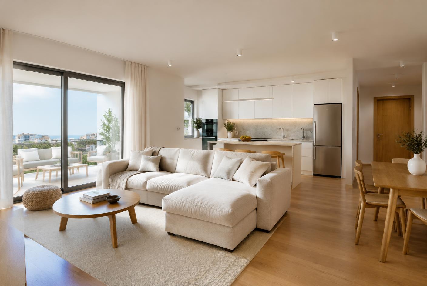 Living room and open kitchen with veranda
