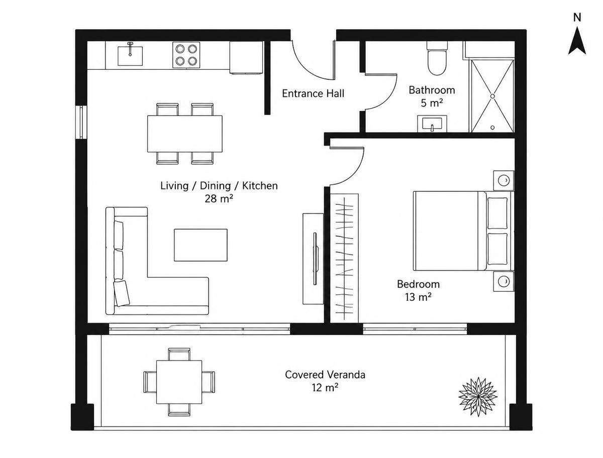 2D floor plan of the 1-bedroom apartment