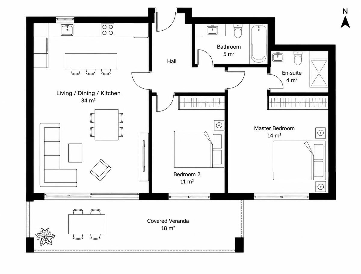 2D floor plan of the 2-bedroom apartment